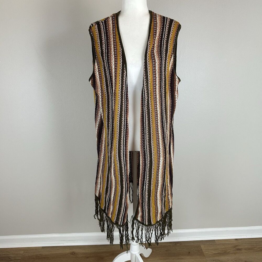 Y2k Womens 2X Brown Knit Crochet Lagenlook Boho Festival Cottagecore Vest Fringe